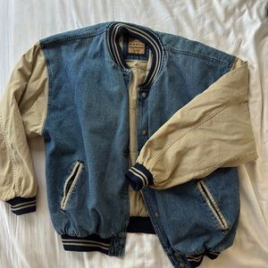 SOLD ‼️ north bay men’s varsity denim and tan oversized jacket